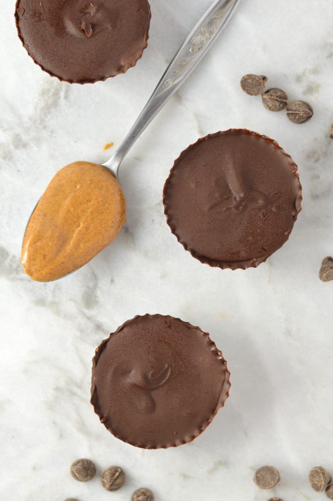 Easy Almond Butter Chocolate Cups recipe made with only 3 ingredients. Can be made vegan, this makes a quick snack to satisfy your sweet tooth.