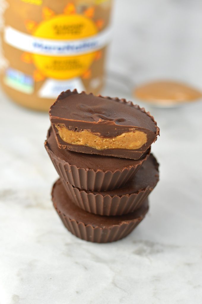 Easy Almond Butter Chocolate Cups recipe made with only 3 ingredients. Can be made vegan, this makes a quick snack to satisfy your sweet tooth.