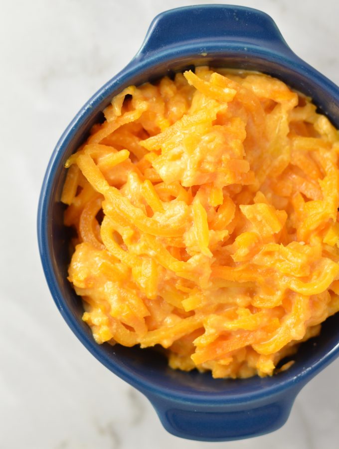 Butternut Squash Macaroni and Cheese recipe made with spiralized butternut squash noodles. This is a gluten free and healthier version of mac and cheese!