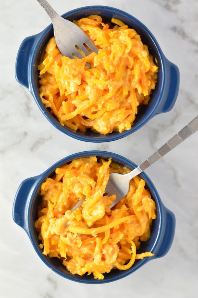 Butternut Squash Macaroni and Cheese recipe made with spiralized butternut squash noodles. This is a gluten free and healthier version of mac and cheese!