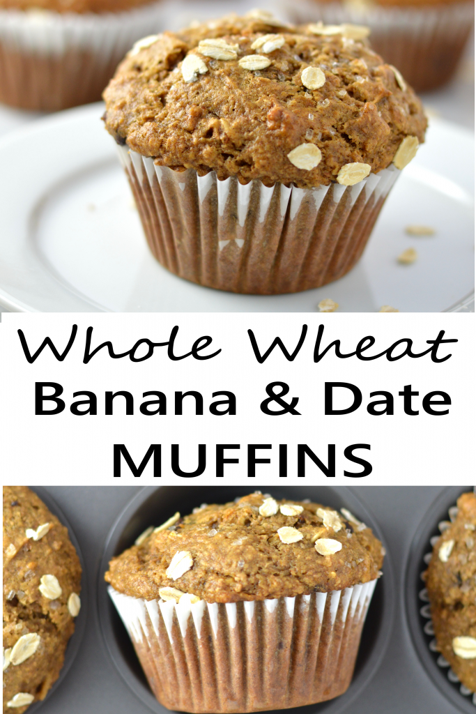 Healthy Whole Wheat Banana and Date Muffins recipe that are moist and super easy to make. Made with oats, bran and chocolate chips, they make a great grab and go breakfast idea.