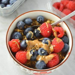 Easy Berry Peanut Butter Coffee Oats recipe. Topped with hemp hearts, this is one of my favourite oatmeals to make for breakfast or brunch.