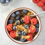 Easy Berry Peanut Butter Coffee Oats recipe. Topped with hemp hearts, this is one of my favourite oatmeals to make for breakfast or brunch.