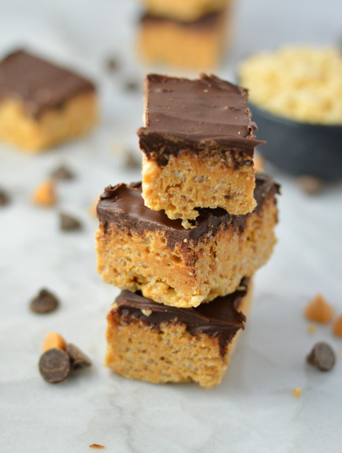 Easy Butterscotch, Peanut Butter and Chocolate Rice Krispie Squares recipe makes for a quick and easy treat. Made without marshmallows.