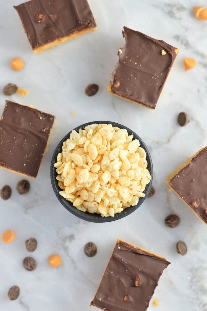 Easy Butterscotch, Peanut Butter and Chocolate Rice Krispie Squares recipe makes for a quick and easy treat. Made without marshmallows.