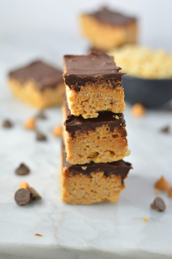 Easy Butterscotch, Peanut Butter and Chocolate Rice Krispie Squares recipe makes for a quick and easy treat. Made without marshmallows.