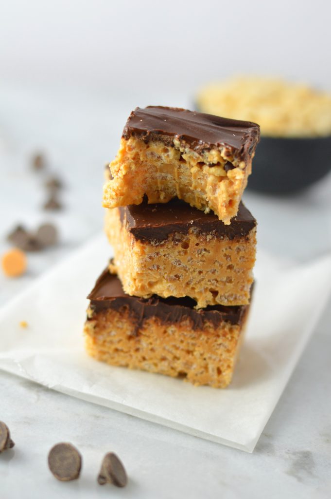 Easy Butterscotch, Peanut Butter and Chocolate Rice Krispie Squares recipe makes for a quick and easy treat. Made without marshmallows.