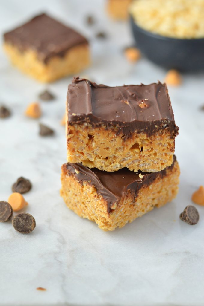 Easy Butterscotch, Peanut Butter and Chocolate Rice Krispie Squares recipe makes for a quick and easy treat. Made without marshmallows.