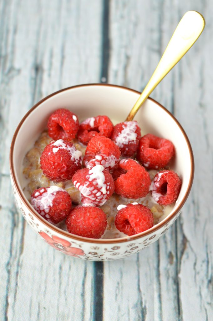 Quick and easy Raspberries and Cream Oatmeal recipe. I love making this in the summer with fresh raspberries and whipping cream.