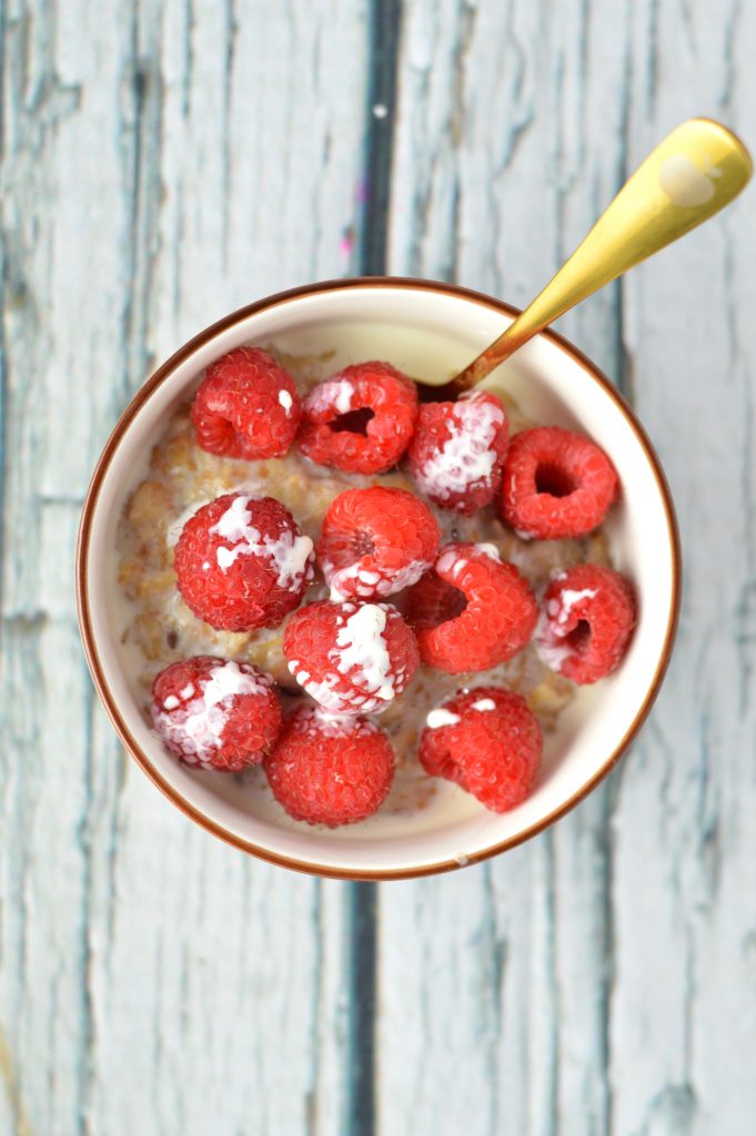 Quick and easy Raspberries and Cream Oatmeal recipe. I love making this in the summer with fresh raspberries and whipping cream.