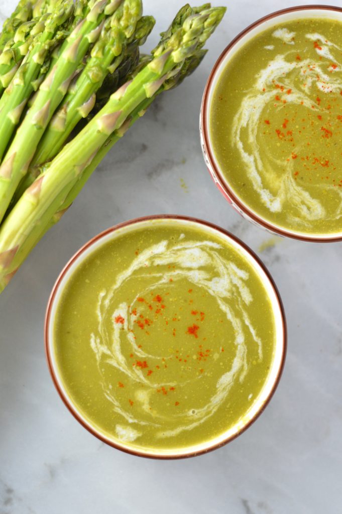 Quick and easy Vegan Cream of Asparagus Soup recipe, made creamy with potatoes. Perfect dinner idea to use up asparagus tips.