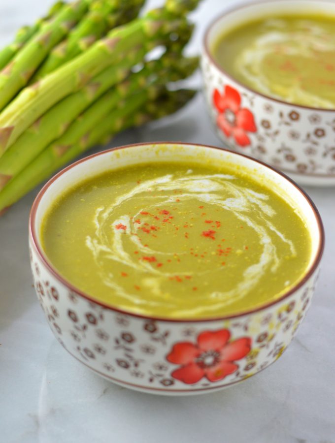 Quick and easy Vegan Cream of Asparagus Soup recipe, made creamy with potatoes. Perfect dinner idea to use up asparagus tips.