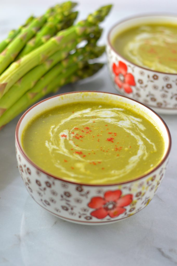 Quick and easy Vegan Cream of Asparagus Soup recipe, made creamy with potatoes. Perfect dinner idea to use up asparagus tips.