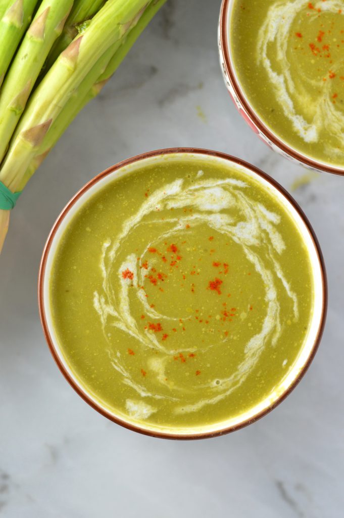 Quick and easy Vegan Cream of Asparagus Soup recipe, made creamy with potatoes. Perfect dinner idea to use up asparagus tips.