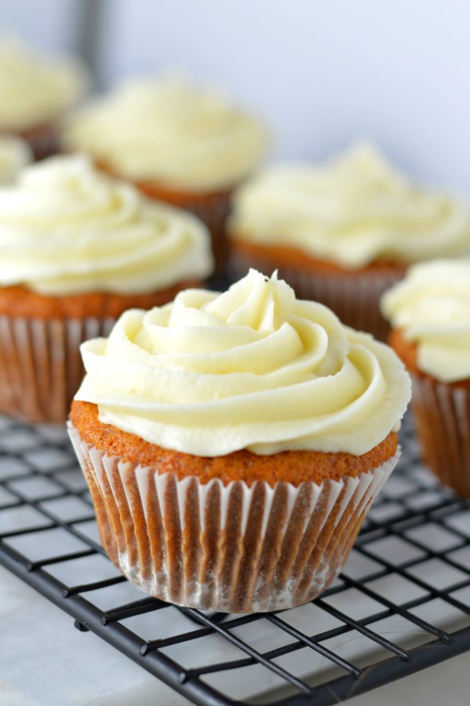 Easy Honey Cupcakes with Honey Cream Cheese Frosting recipe. Perfect nut free dessert idea to bring to birthdays or potlucks.