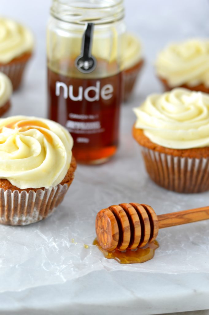 Easy Honey Cupcakes with Honey Cream Cheese Frosting recipe. Perfect nut free dessert idea to bring to birthdays or potlucks.