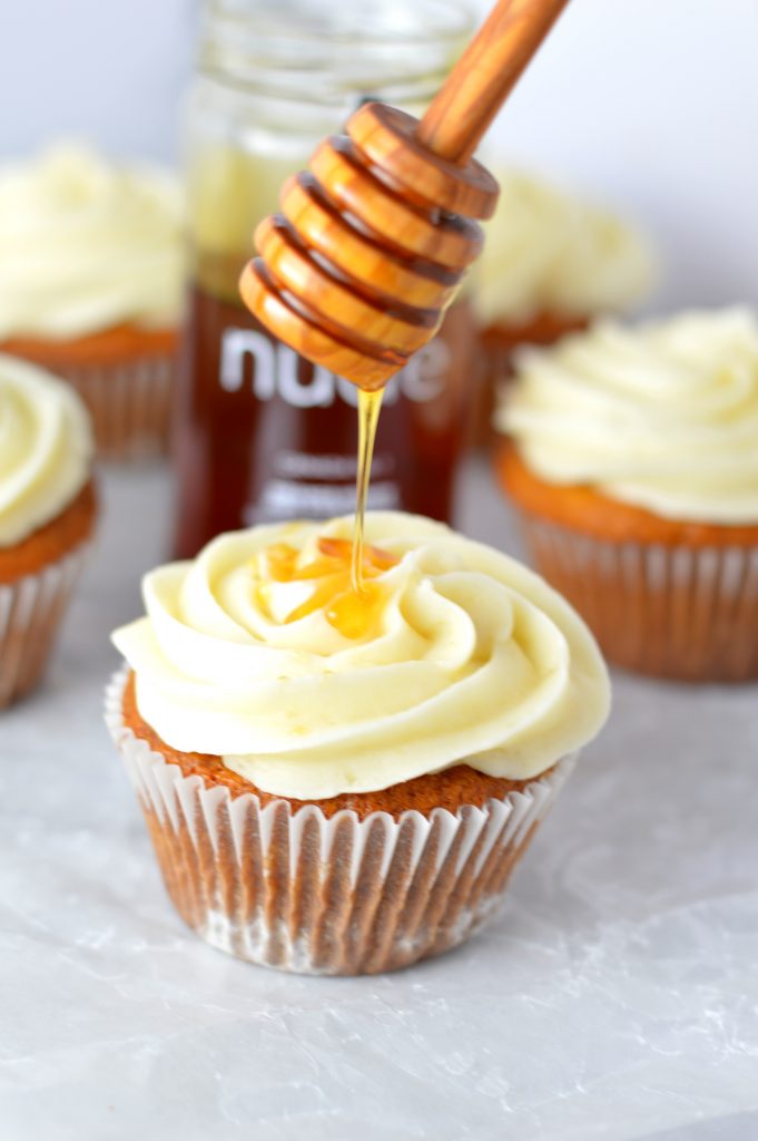 Easy Honey Cupcakes with Honey Cream Cheese Frosting recipe. Perfect nut free dessert idea to bring to birthdays or potlucks.