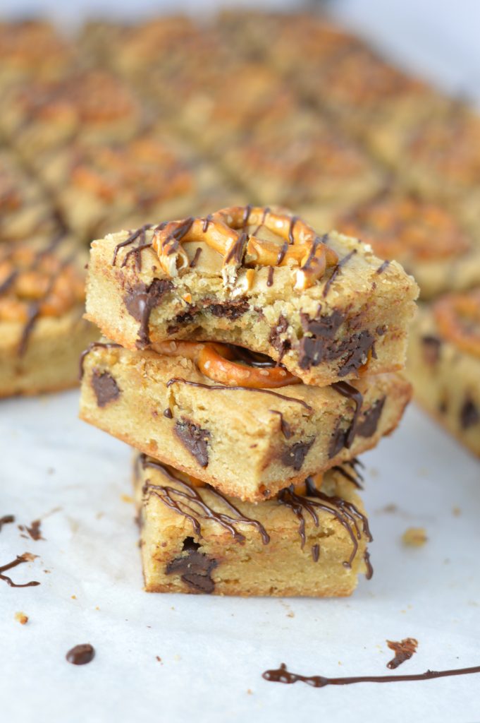 Easy Chocolate and Pretzel Cookie Bars recipe. Nut free, these are perfect to bring to work or school as a snack, or as a dessert with coffee.