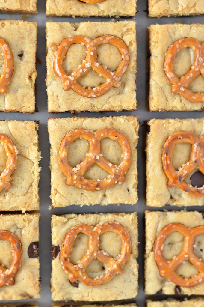 Easy Chocolate and Pretzel Cookie Bars recipe. Nut free, these are perfect to bring to work or school as a snack, or as a dessert with coffee.