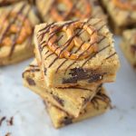 Easy Chocolate and Pretzel Cookie Bars recipe. Nut free, these are perfect to bring to work or school as a snack, or as a dessert with coffee.