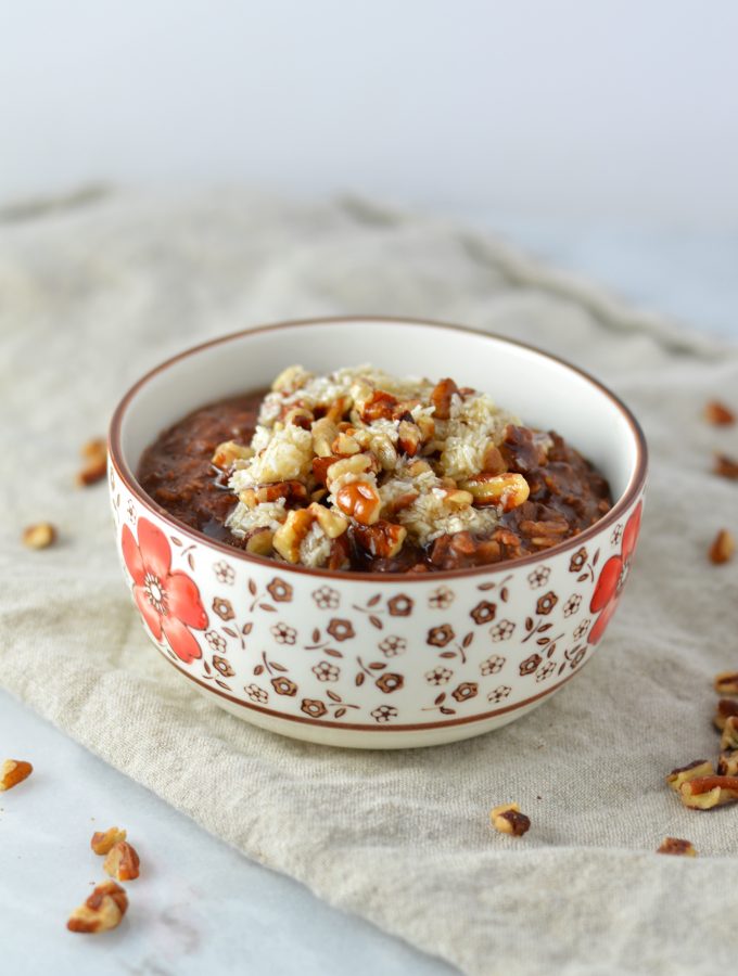 Easy German Chocolate Cake Oatmeal recipe. A healthier version of your favourite dessert that you can eat for breakfast.