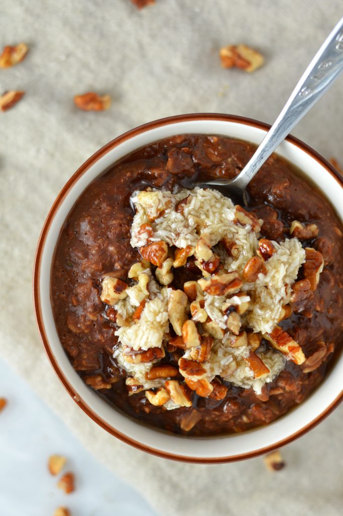 Easy German Chocolate Cake Oatmeal recipe. A healthier version of your favourite dessert that you can eat for breakfast.