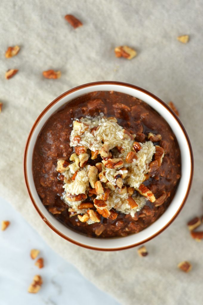 Easy German Chocolate Cake Oatmeal recipe. A healthier version of your favourite dessert that you can eat for breakfast.