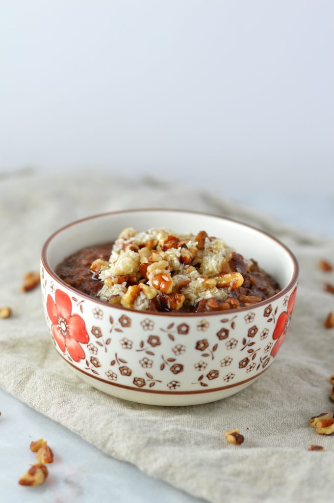 Easy German Chocolate Cake Oatmeal recipe. A healthier version of your favourite dessert that you can eat for breakfast.