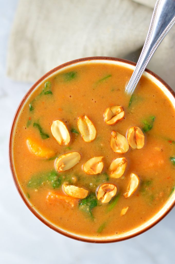 Easy Vegan Slow Cooker Sweet Potato Peanut Soup recipe. Vegetarian African peanut stew for a comforting weeknight dinner idea.