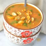 Easy Vegan Slow Cooker Sweet Potato Peanut Soup recipe. Vegetarian African peanut stew for a comforting weeknight dinner idea.