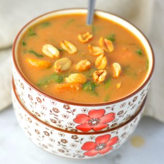 Easy Vegan Slow Cooker Sweet Potato Peanut Soup recipe. Vegetarian African peanut stew for a comforting weeknight dinner idea.