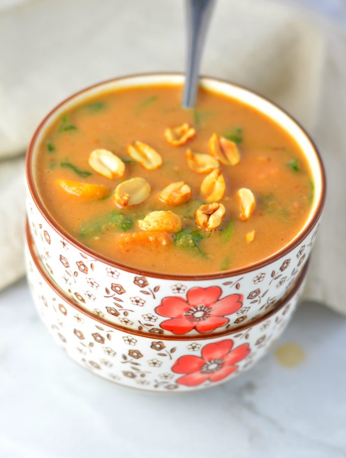 Easy Vegan Slow Cooker Sweet Potato Peanut Soup recipe. Vegetarian African peanut stew for a comforting weeknight dinner idea.