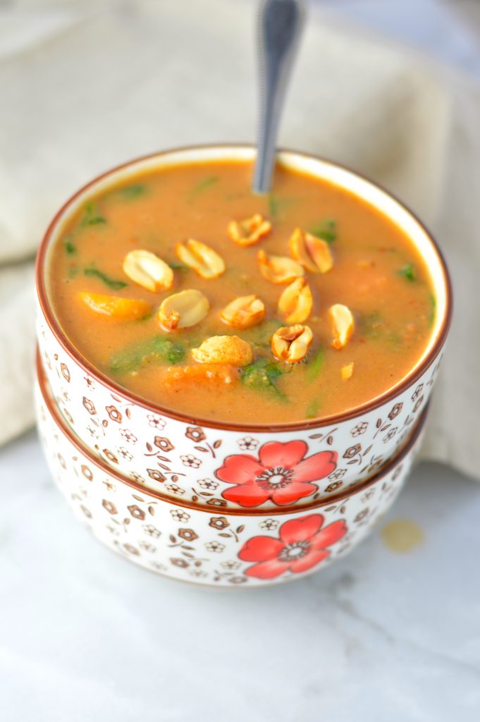 Easy Vegan Slow Cooker Sweet Potato Peanut Soup recipe. Vegetarian African peanut stew for a comforting weeknight dinner idea.