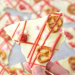 Super easy Valentine's Day Bark recipe. Made with white chocolate chips and 5 other ingredients, this is perfect for a last minute dessert idea.