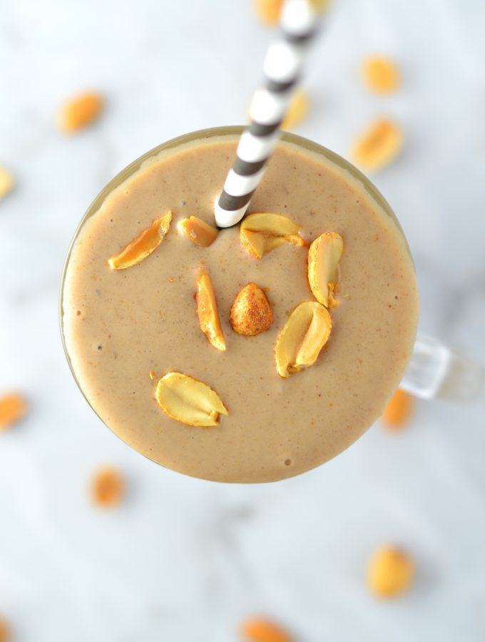 Healthy Chocolate Peanut Butter Banana Smoothie made with protein powder. Tastes like ice cream, it is perfect for breakfast or as a post workout snack