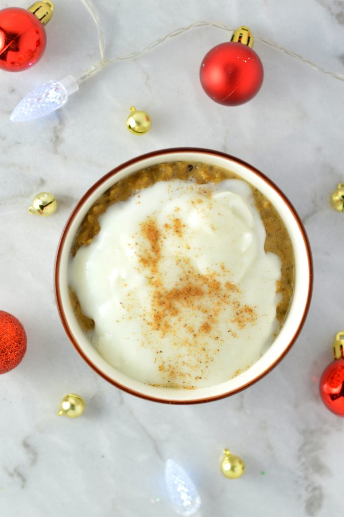 Easy Eggnog Latte Oatmeal recipe. Made with strong coffee and rich eggnog, this is the perfect breakfast idea for the holidays!