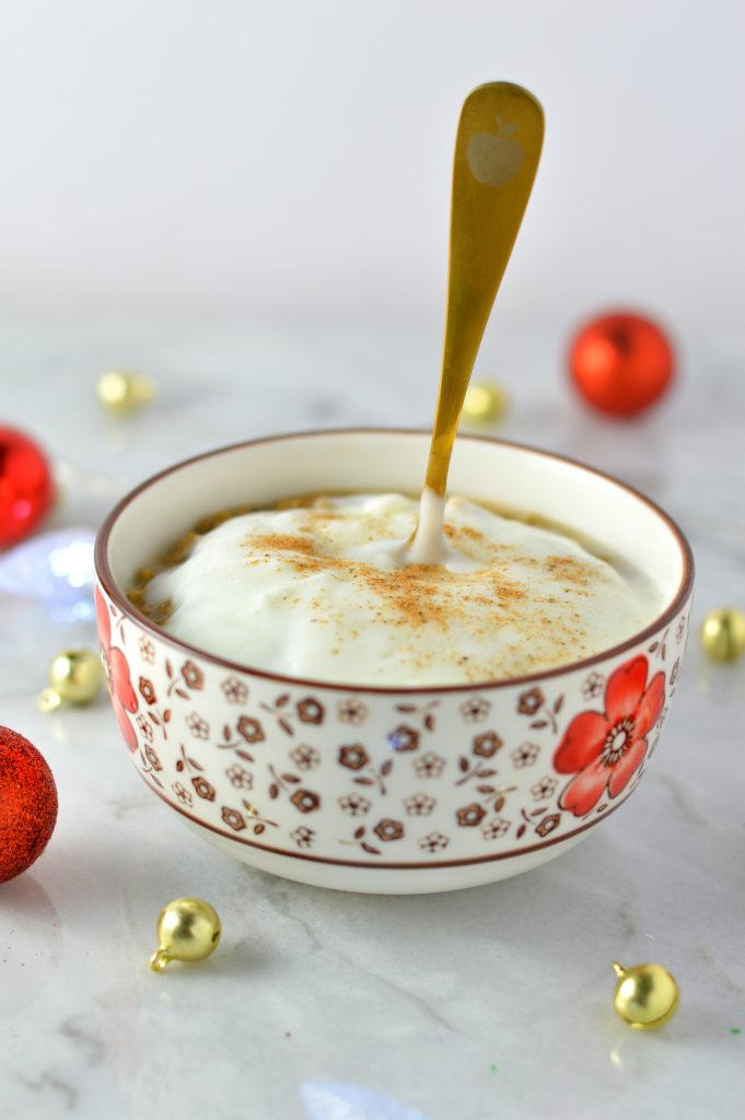 Easy Eggnog Latte Oatmeal recipe. Made with strong coffee and rich eggnog, this is the perfect breakfast idea for the holidays!