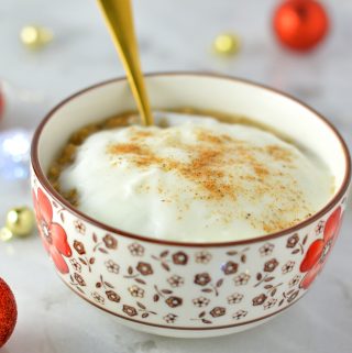 Easy Eggnog Latte Oatmeal recipe. Made with strong coffee and rich eggnog, this is the perfect breakfast idea for the holidays!