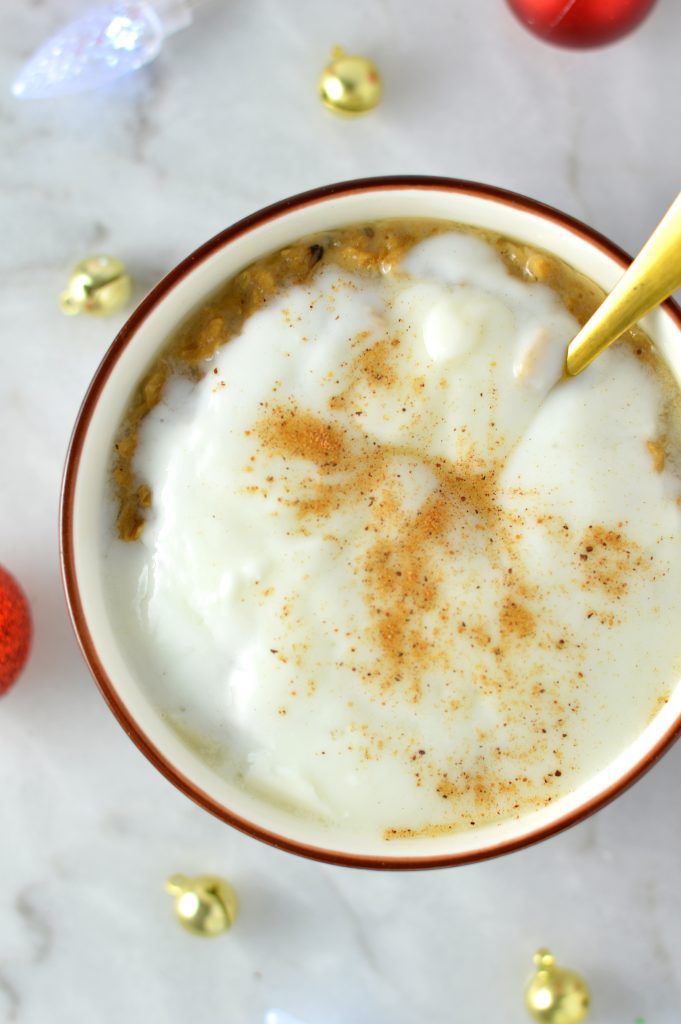 Easy Eggnog Latte Oatmeal recipe. Made with strong coffee and rich eggnog, this is the perfect breakfast idea for the holidays!