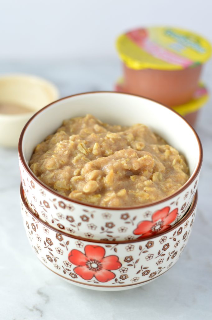 Easy Applesauce Oatmeal recipe. Perfect to use up leftover applesauce, this makes a quick and simple breakfast idea in only 4 ingredients.