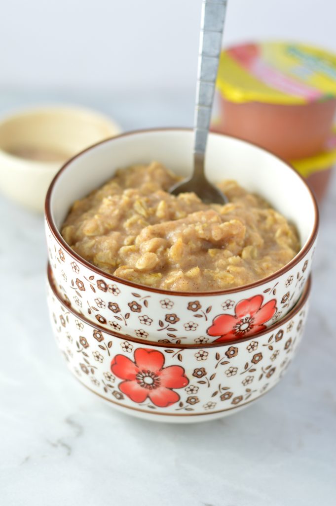 Easy Applesauce Oatmeal recipe. Perfect to use up leftover applesauce, this makes a quick and simple breakfast idea in only 4 ingredients.