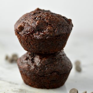 Easy and Healthy Double Chocolate Banana Muffins Recipe. Made with whole wheat flour and partly sweetened with applesauce, this makes a great nut-free snack