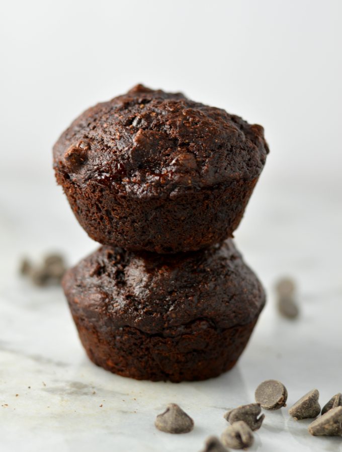 Easy and Healthy Double Chocolate Banana Muffins Recipe. Made with whole wheat flour and partly sweetened with applesauce, this makes a great nut-free snack