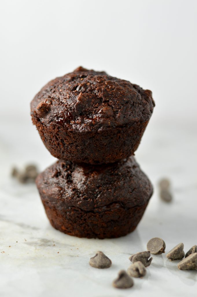 Easy and Healthy Double Chocolate Banana Muffins Recipe. Made with whole wheat flour and partly sweetened with applesauce, this makes a great nut-free snack