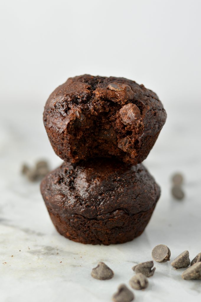 Easy and Healthy Double Chocolate Banana Muffins Recipe. Made with whole wheat flour and partly sweetened with applesauce, this makes a great nut-free snack