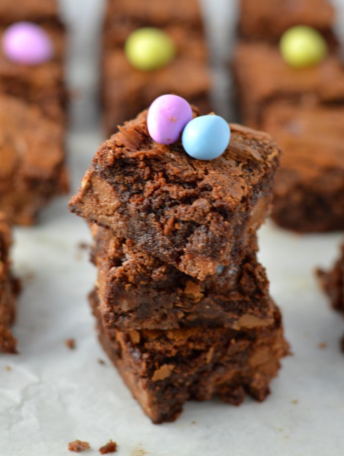 Easy Mini Egg Nutella Brownies Recipe. Chewy and rich, these brownies make a great dessert idea for Easter or anytime mini eggs are in season!