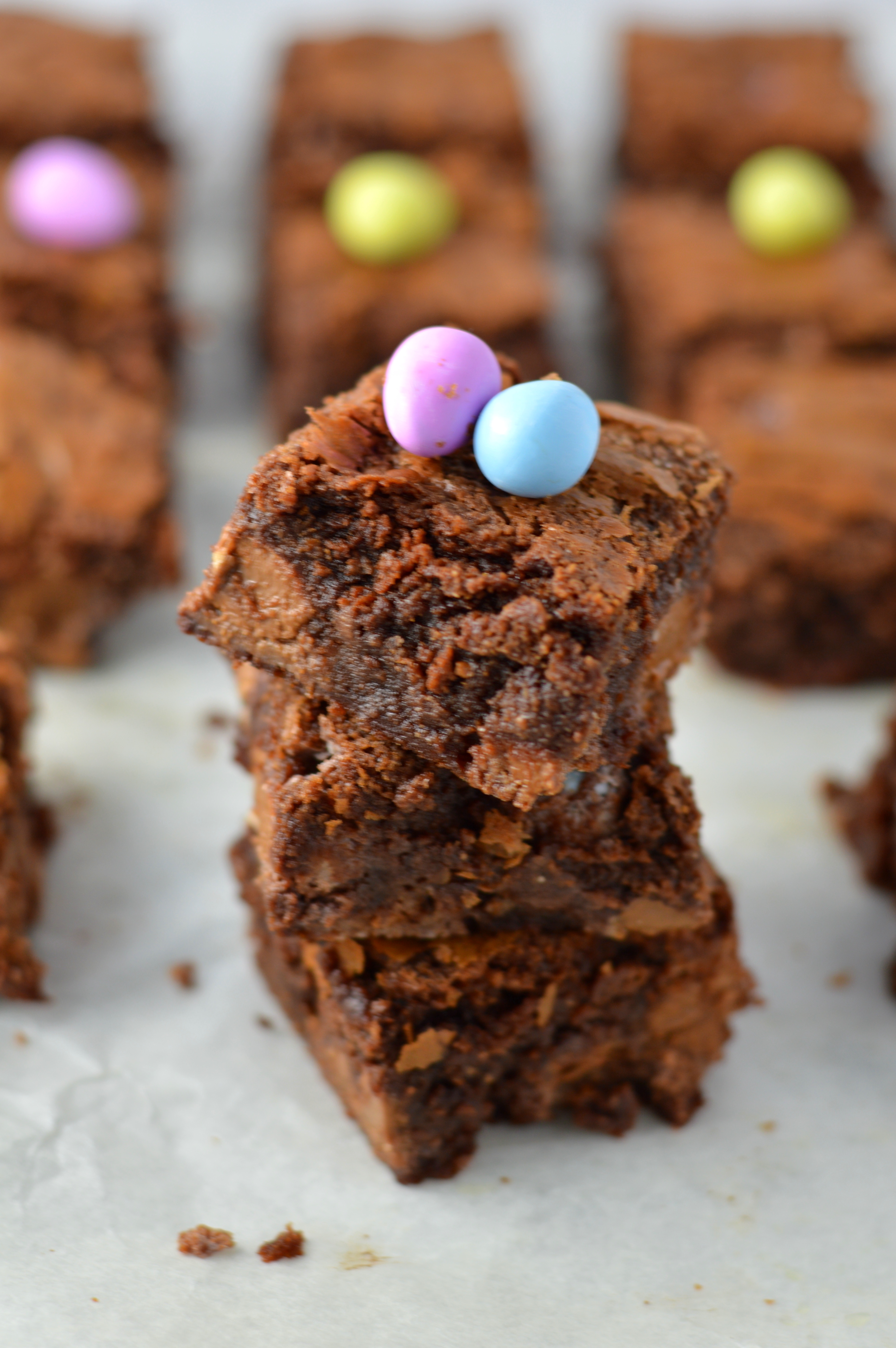 Easy Mini Egg Nutella Brownies Recipe. Chewy and rich, these brownies make a great dessert idea for Easter or anytime mini eggs are in season!