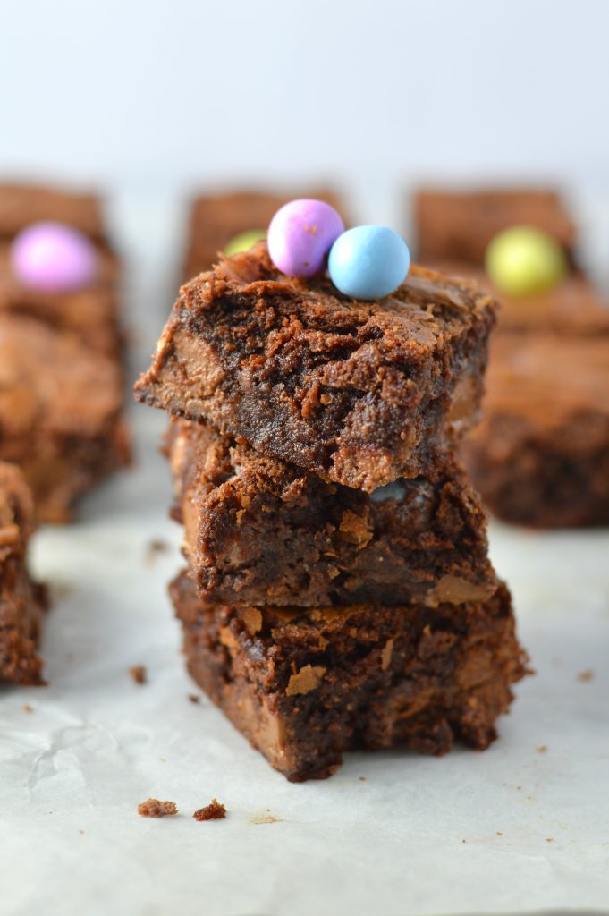 Easy Mini Egg Nutella Brownies Recipe. Chewy and rich, these brownies make a great dessert idea for Easter or anytime mini eggs are in season!