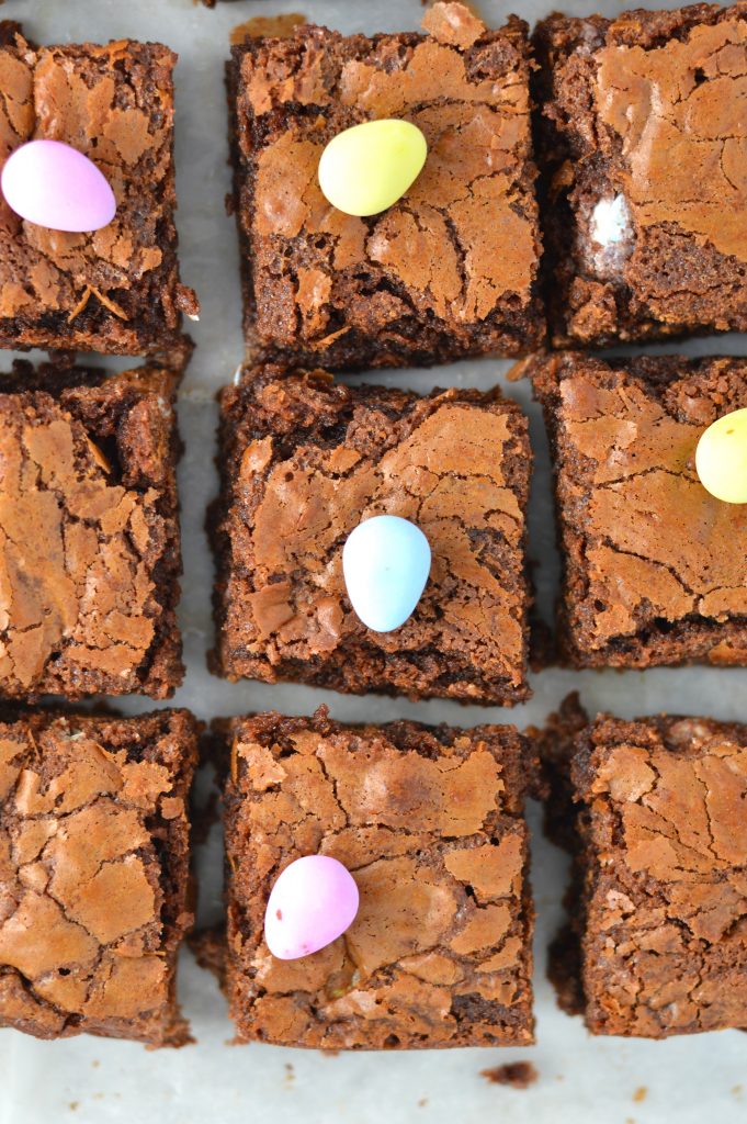 Easy Mini Egg Nutella Brownies Recipe. Chewy and rich, these brownies make a great dessert idea for Easter or anytime mini eggs are in season!