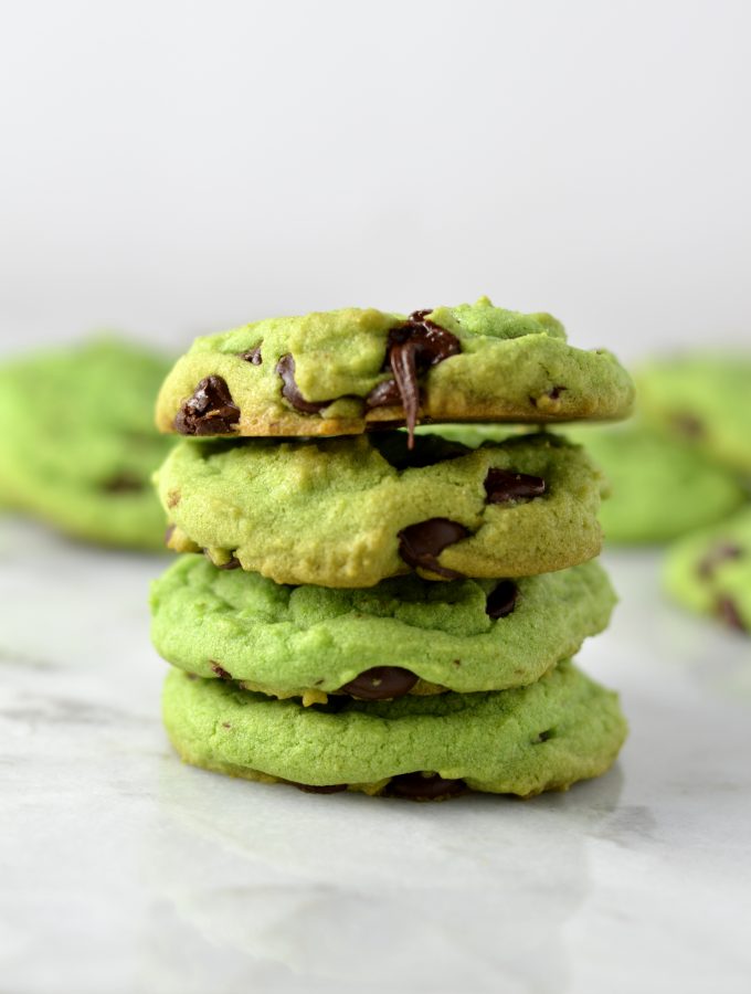 Easy Mint Chocolate Chip Cookies recipe. Made with mint extract, these green cookies are perfect for St. Patrick's Day or as a fun snack.